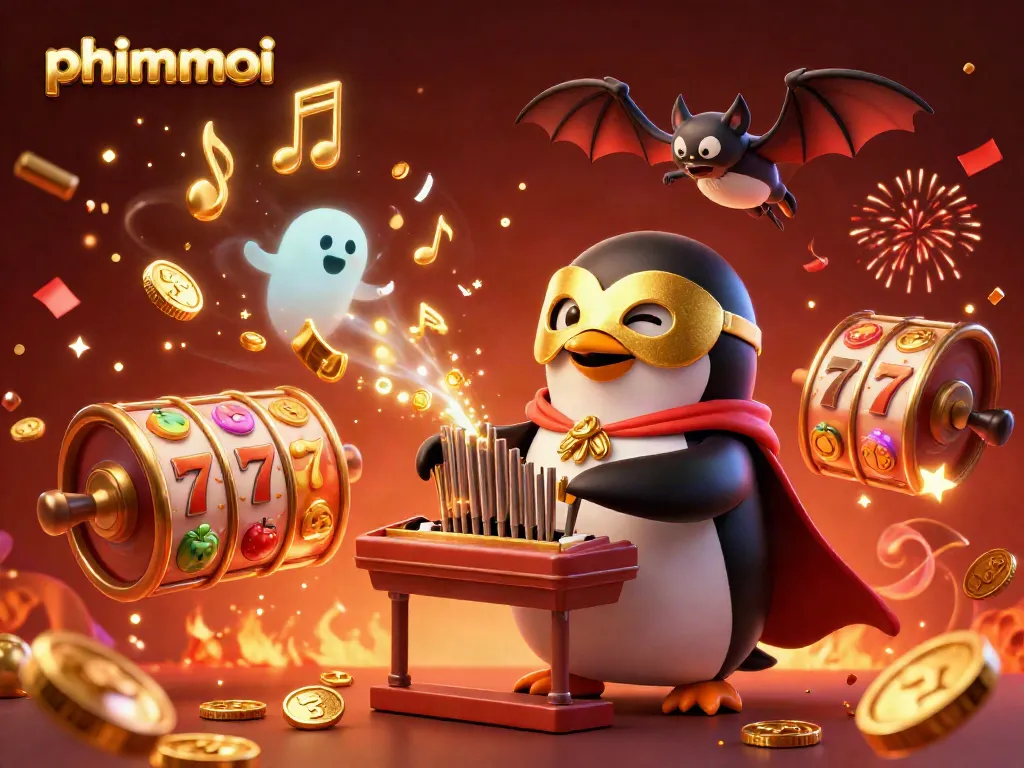 Experience phimmoi's unique gaming atmosphere with a phantom penguin at an organ showering golden coins.