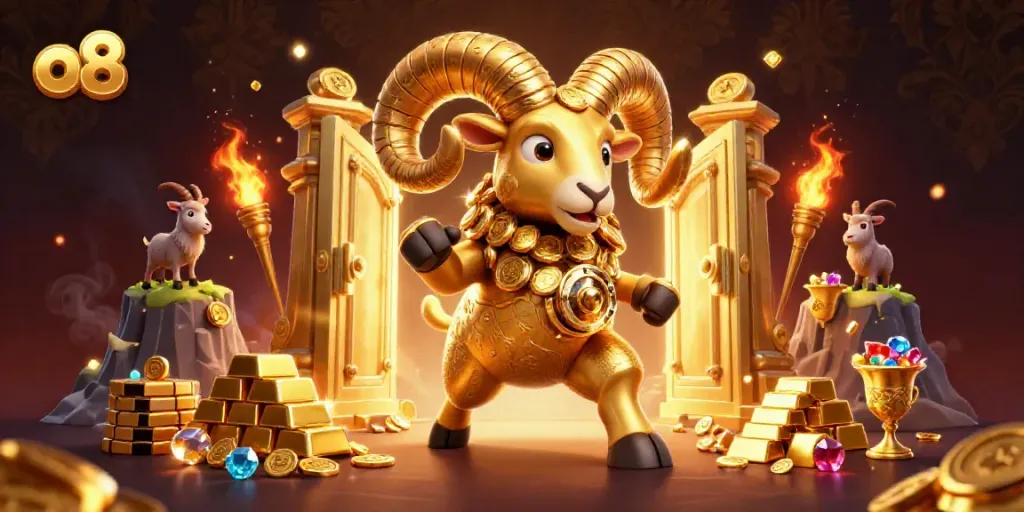 Experience thrilling gaming action with o8, featuring a golden ram and treasures in 3D.