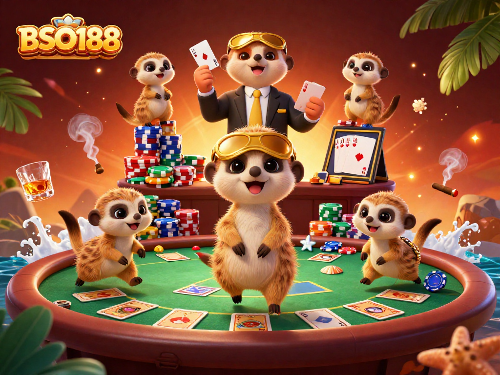 Experience the vibrant gaming atmosphere with BSO188 featuring lively meerkats at a dynamic casino.