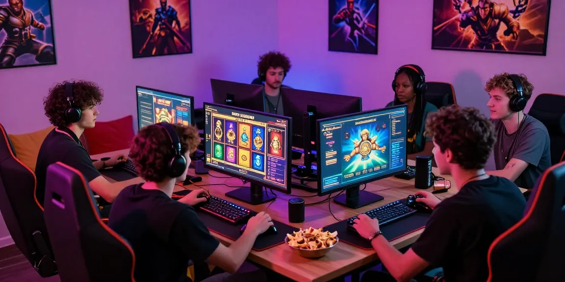 Permainan Situs LUXURY777 yang seru dengan sekelompok teman bermain game slot online di ruang gaming yang cerah.