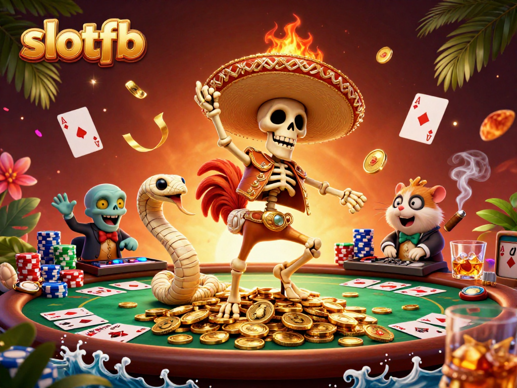 Experience thrilling game play with slotfb's energetic casino scene featuring classic poker elements.