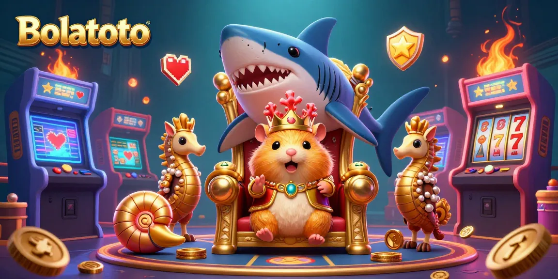 Bolatoto offers a vibrant casino experience with golden hamster king, arcade elements, and slot reels.