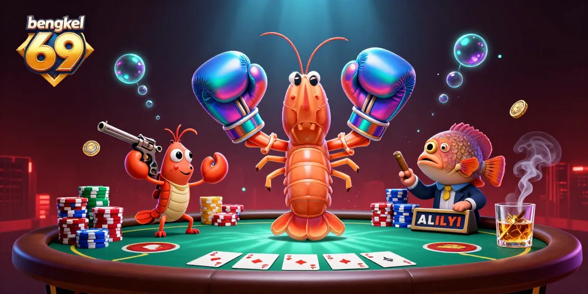 Bengkel 69 showcases a vibrant underwater poker scene with playful characters and vibrant game elements.