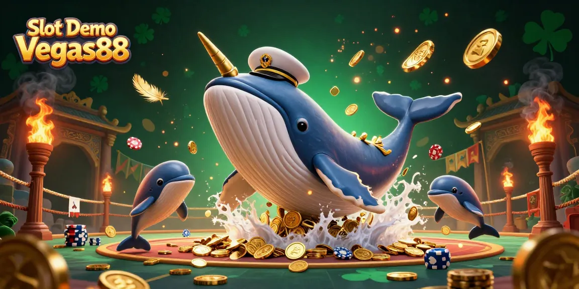 Engage with Slot Demo Vegas88 featuring a cartoon whale and playful dolphins in a vibrant casino scene.