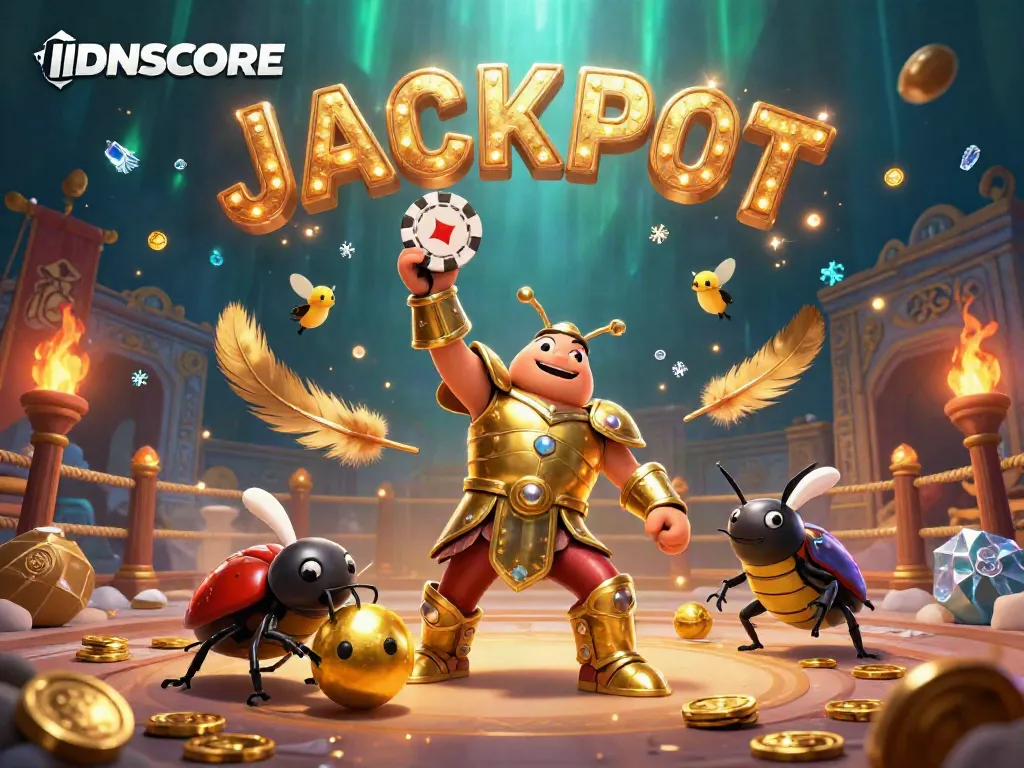 Experience the thrill of IDNSCORE with a victorious beetle in armor celebrating a jackpot!