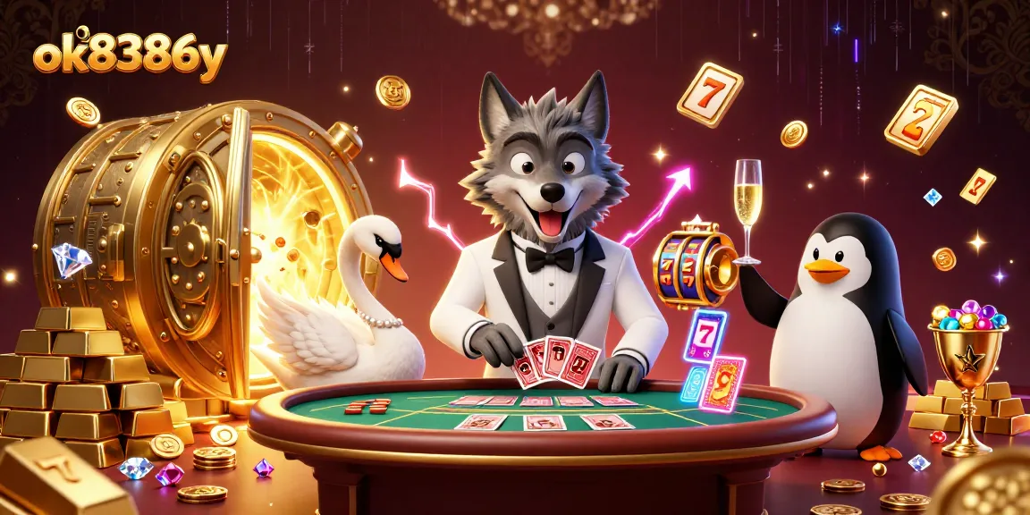 Engage with vibrant casino action featuring ok8386y in a dynamic 3D illustration of gaming characters and treasure.