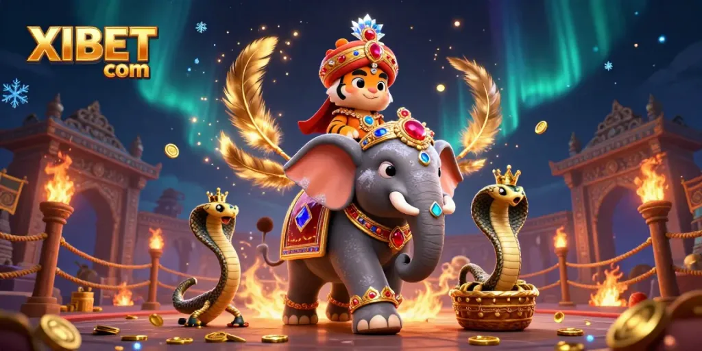 Engage in thrilling gaming adventures at XIBET com with a dynamic Indian maharaja and jewel-encrusted elephant illustration.