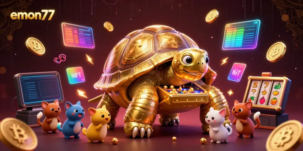 Experience excitement with emon77's golden tortoise pinball machine in a rich casino scene.