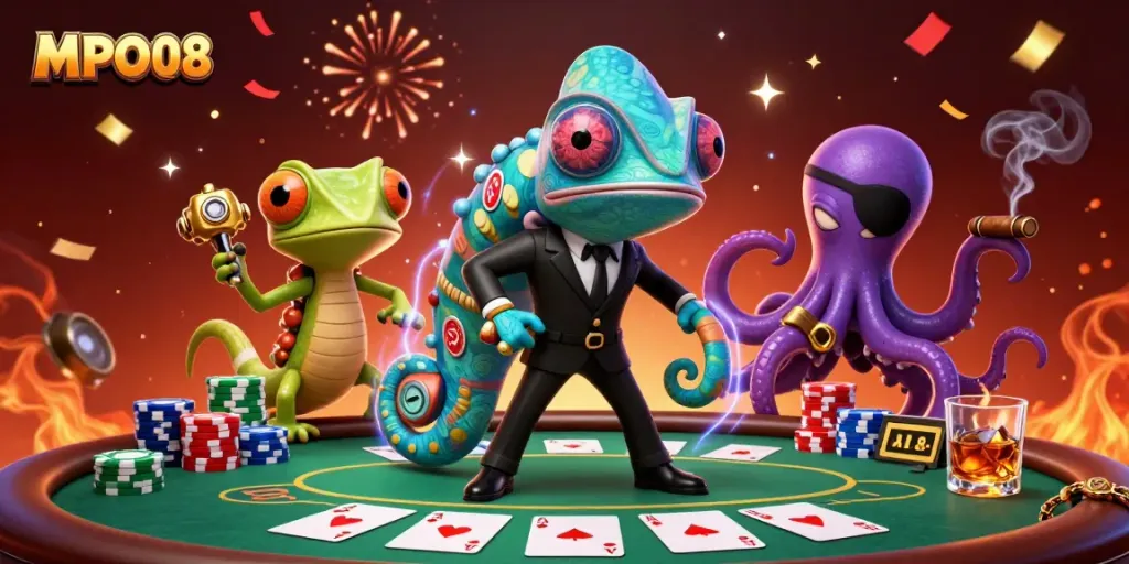 Engage with MPO08 in this vibrant poker scene showcasing colorful chips and animated characters.
