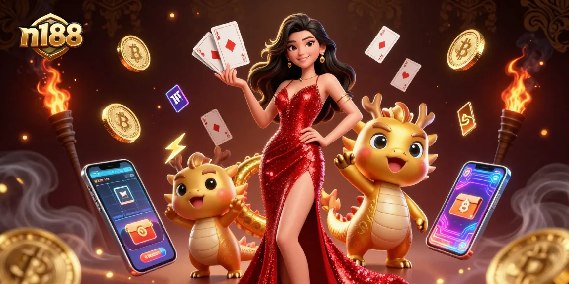 n188 showcases a vibrant online casino scene with an elegant Asian woman and a golden dragon mascot.
