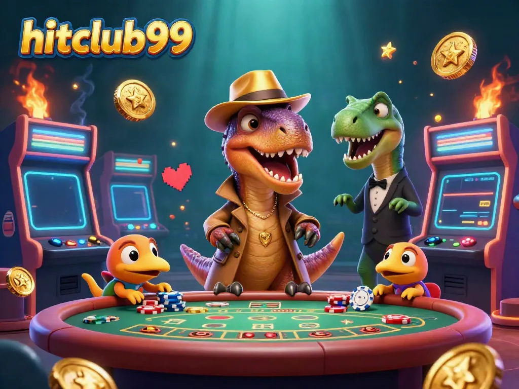 Engage with hitclub99 at the vibrant blackjack table as dinosaurs playfully mingle in a colorful casino ambiance.