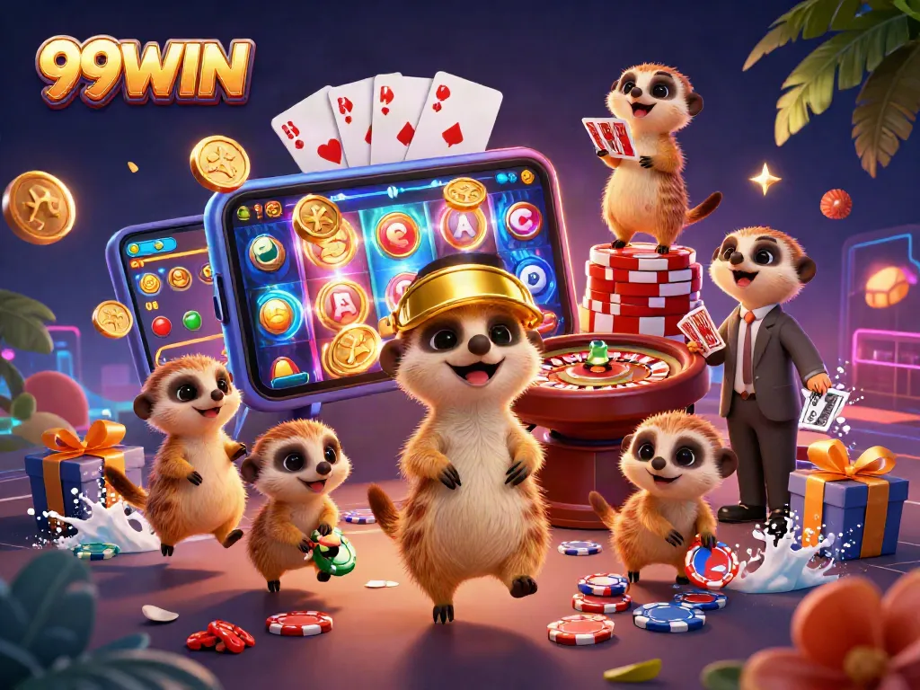 Experience thrilling wins with 99WIN in a vibrant casino scene featuring playful meerkats.