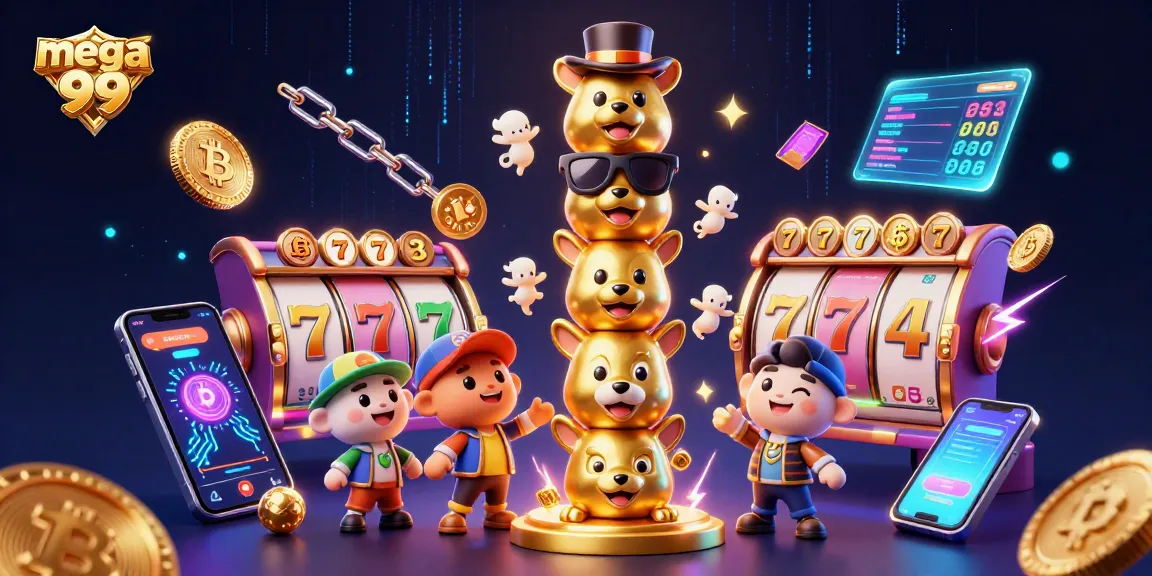 Engage with mega 99's vibrant slot action featuring animated 3D characters and glowing crypto elements.