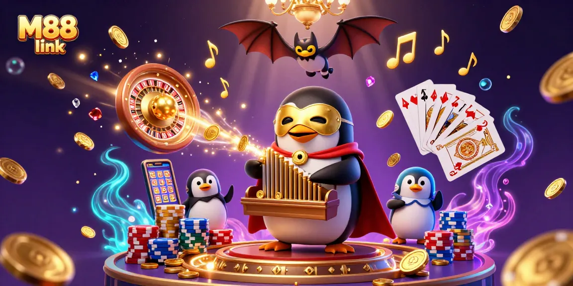 Experience the excitement with M88 link, as a cartoon penguin orchestrates a vibrant casino scene.