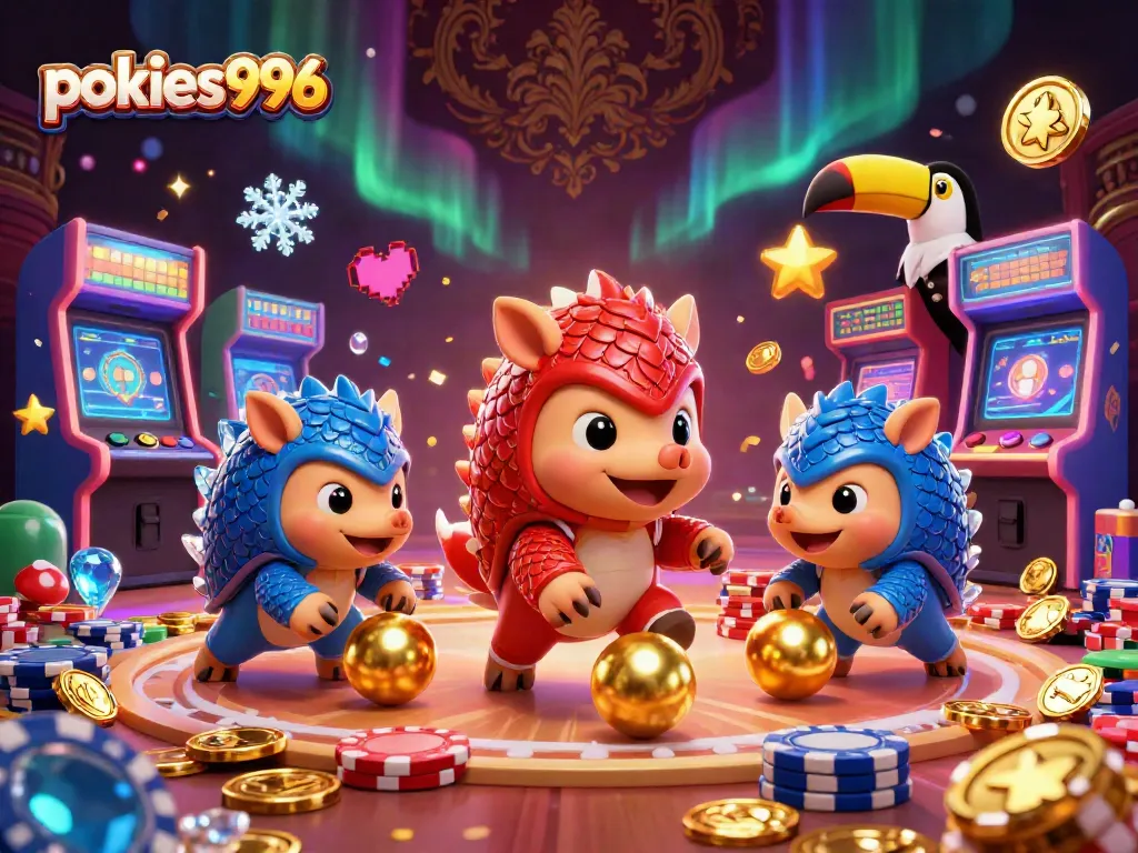 Experience the thrill of pokies996 with rival pangolins competing through poker chips in an exciting 3D illustration.