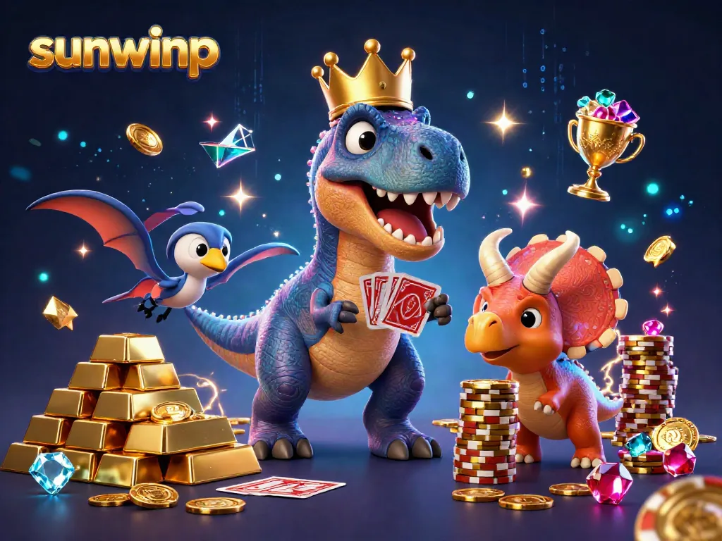 Sunwinp presents a dynamic scene of a T-Rex shuffling cards, a pterodactyl assisting, and a triceratops stacking gold chips among riches.
