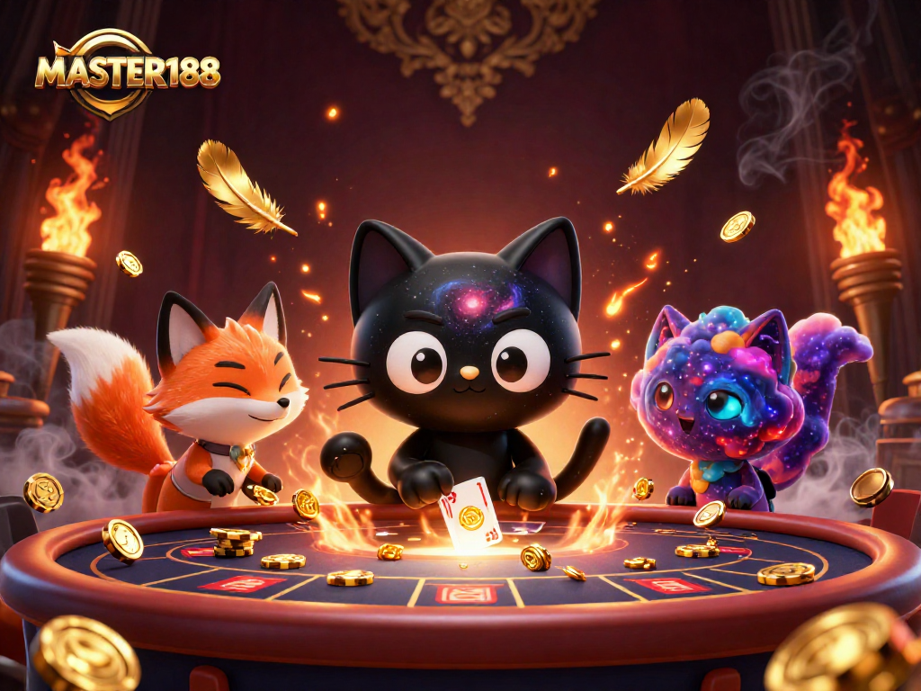 Engage with MASTER188 in a cosmic casino adventure, where the playful black hole cat pulls in golden chips.
