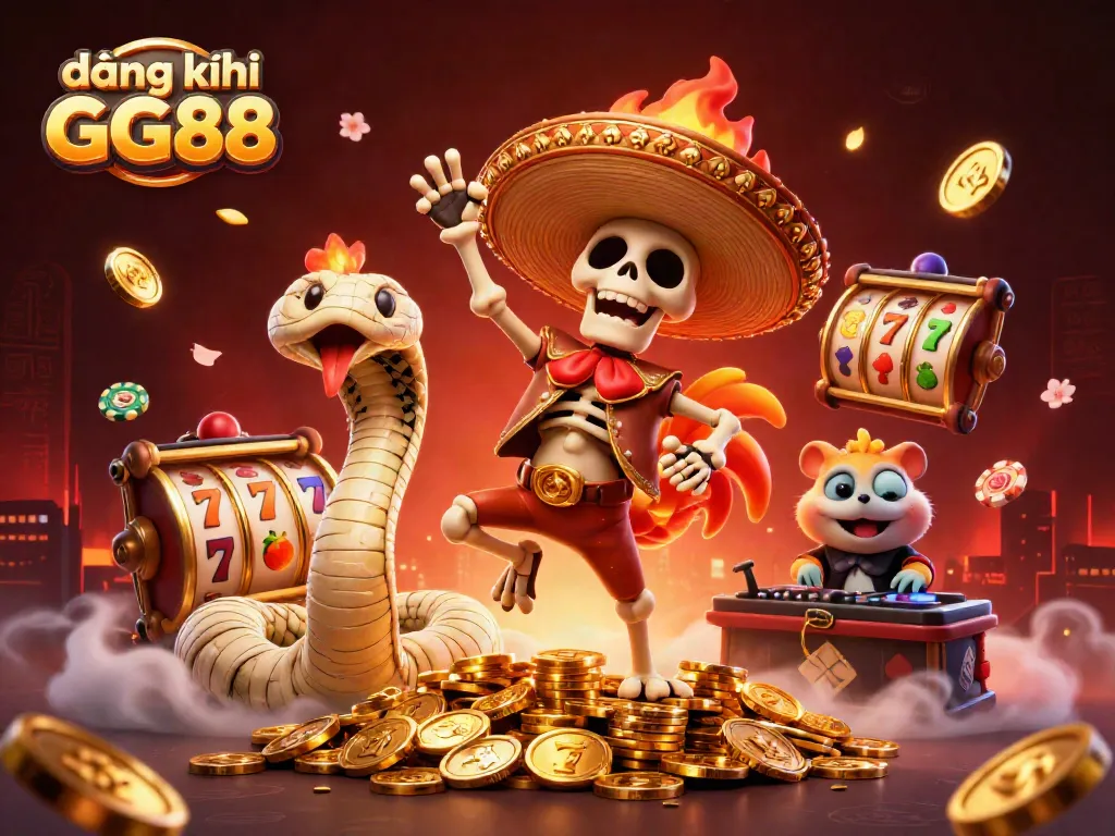 Playfully engaging scene showcasing đăng ký GG88 in action with vibrant 3D characters, slot reels, and golden coins.