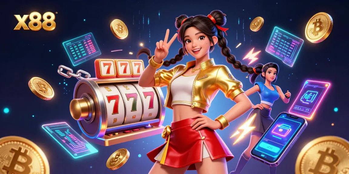 x88 casino illustration featuring a joyful Asian woman with vibrant visuals and slot gaming elements.
