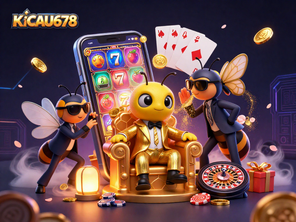 KICAU678 showcases a vibrant 3D casino scene featuring a mob boss bee and engaging slot game elements.