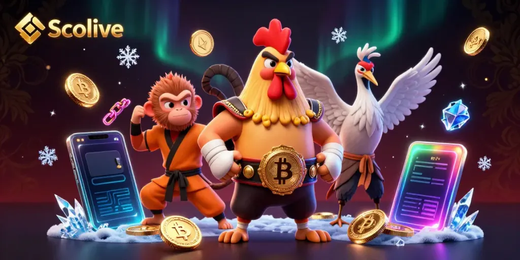 Socolive's dynamic online gaming scene featuring a Muay Thai rooster and Shaolin monkey amidst crypto elements.