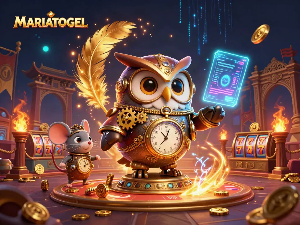 MARIATOGEL lottery action with a steampunk owl and mouse, showcasing vibrant casino elements.