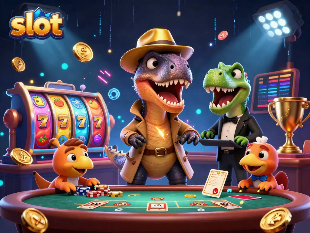 Play slot machines with animated characters having fun at the casino table filled with excitement.