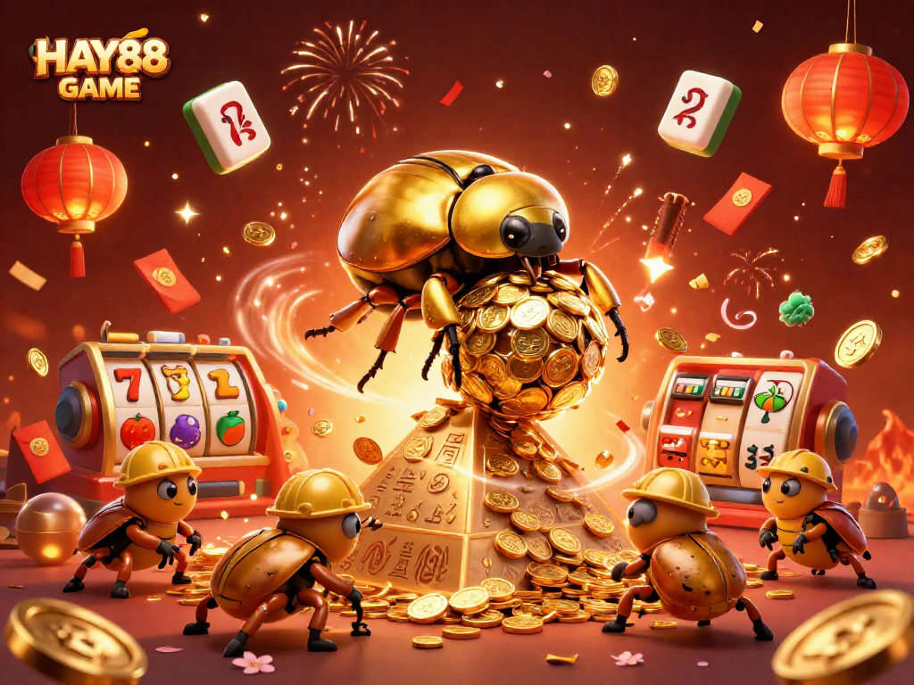 Experience the excitement of HAY88 GAME with a 3D illustration showcasing golden winnings and dynamic casino elements.