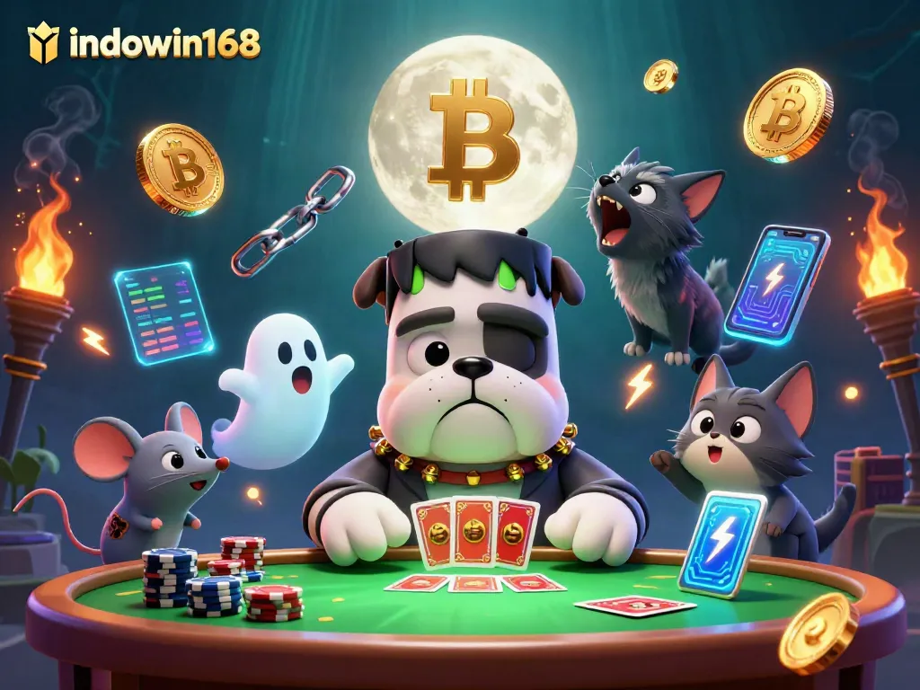 Experience the thrills of indowin168 with a lively 3D casino scene featuring fun characters and crypto elements.