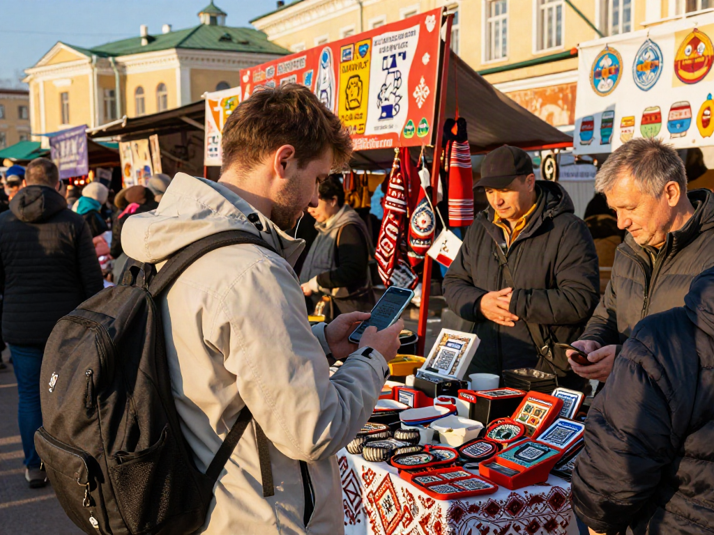 Pengunjung menggunakan https://payinrussia.com/ untuk membayar di pasar lokal di Rusia, dikelilingi oleh kerajinan dan makanan tradisional.