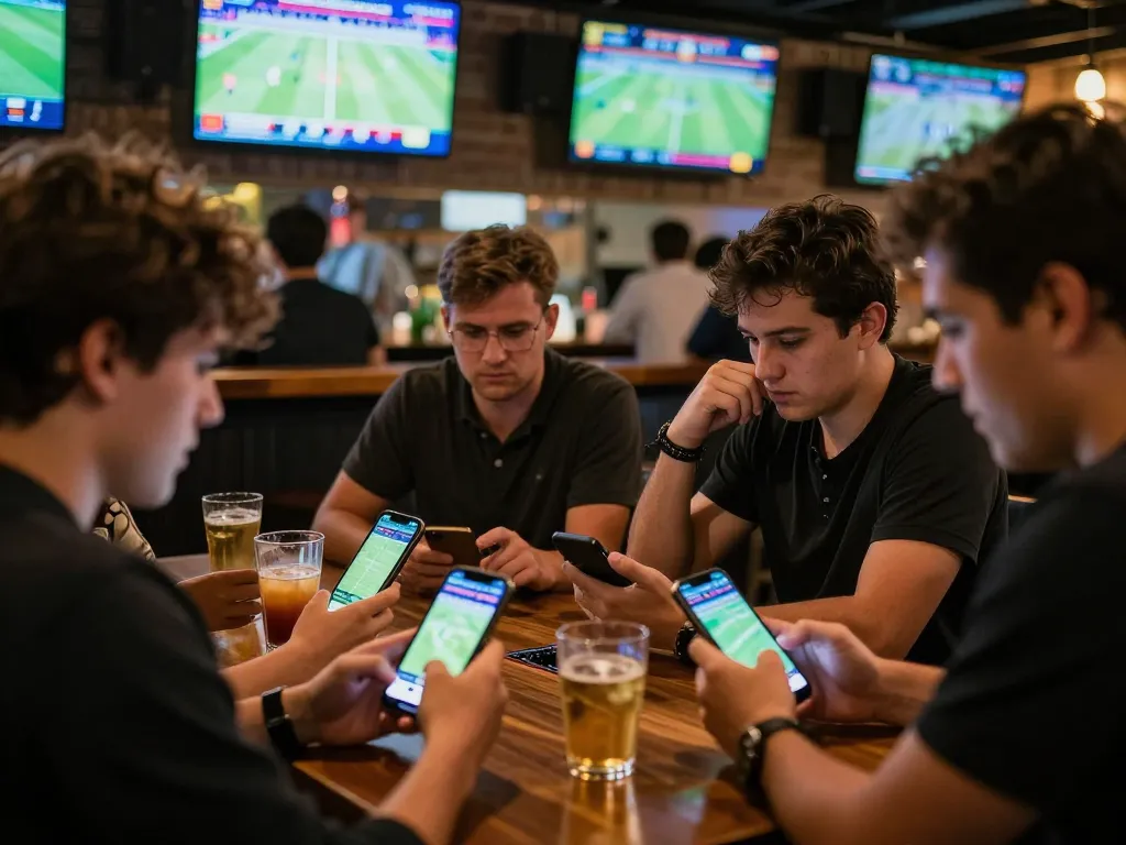 Engaging scene of friends using web cá độ bóng đá app at a lively sports bar, enhancing sports betting experience.