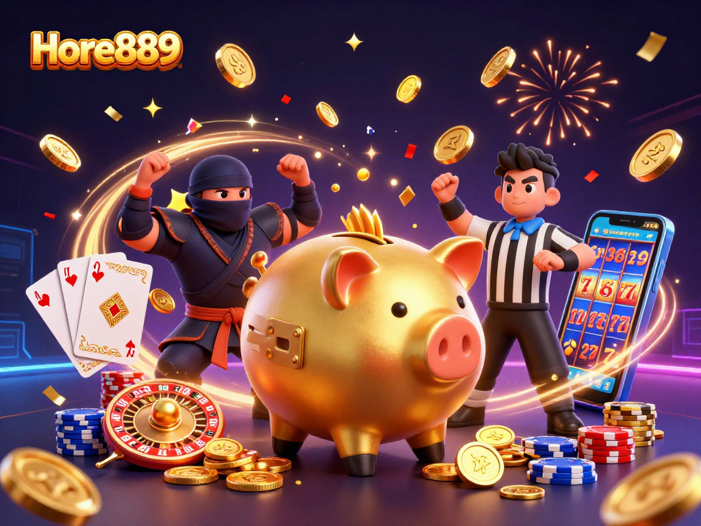 Experience the excitement of Hore889 casino with dynamic slots and casino games amidst golden coins and vibrant colors.
