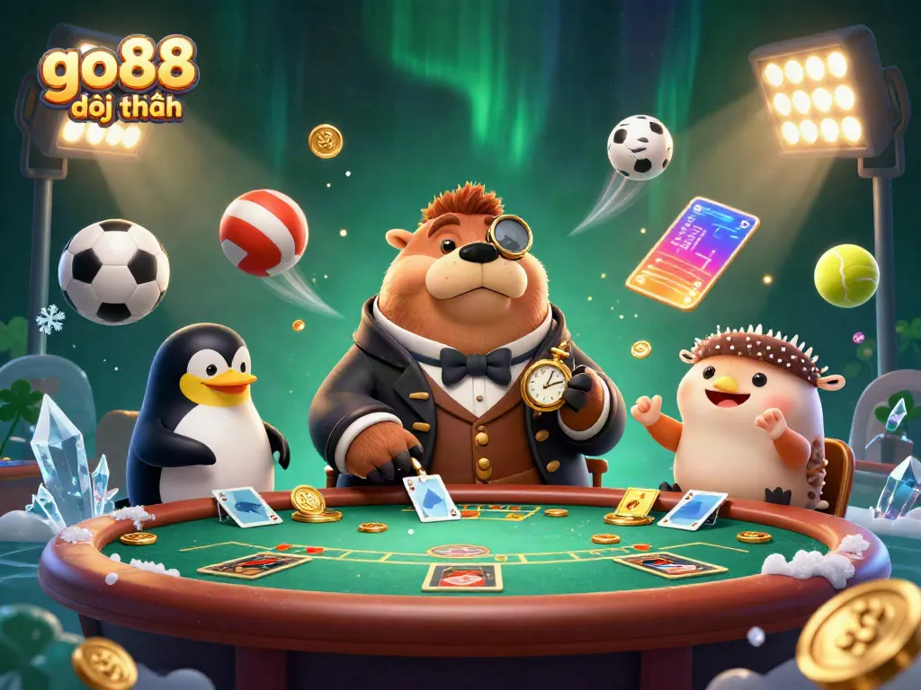 Experience go88 đổi thưởng with vibrant underwater poker, featuring a walrus, penguin dealer, and bluffing pufferfish.