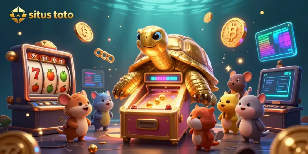 Engage with the situs toto gaming scene featuring a golden tortoise pinball, slot reels, and crypto coins.