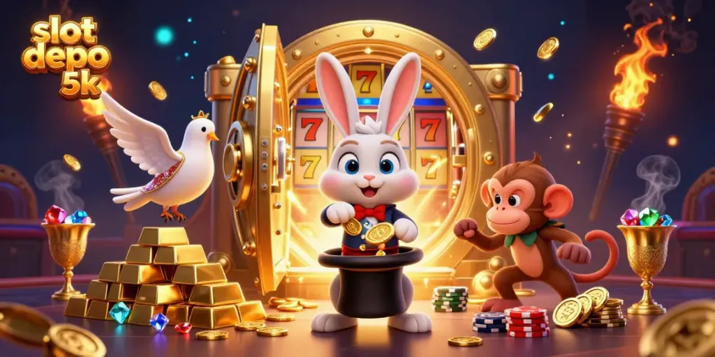 Experience the excitement of slot depo 5k with a magician bunny, vibrant casino elements, and gold coins.
