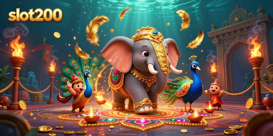 Bermain slot200 dengan gajah dan merak di arena judi yang penuh hiasan dan efek dramatis.