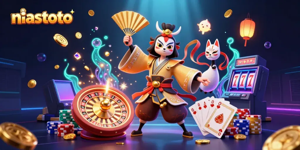 Experience niastoto's vibrant gaming scene with kabuki and kitsune characters amidst dynamic casino elements.