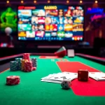 Adegan kasino yang menarik menampilkan Datukwin Alternatif dengan chip poker, kartu, dan antarmuka taruhan online.