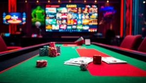 Adegan kasino yang menarik menampilkan Datukwin Alternatif dengan chip poker, kartu, dan antarmuka taruhan online.