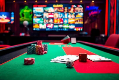 Adegan kasino yang menarik menampilkan Datukwin Alternatif dengan chip poker, kartu, dan antarmuka taruhan online.