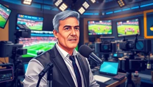 Engaging sports broadcasting scene showcasing a professional journalist in action.