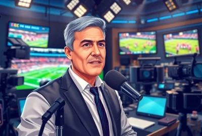 Engaging sports broadcasting scene showcasing a professional journalist in action.