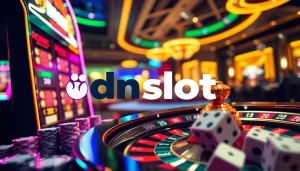 Players enjoy thrilling games at the idnslot casino, showcasing excitement and luxury.