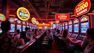 Exciting scene of players enjoying slot gacor machines in a modern casino environment, featuring vibrant lights and jackpots.
