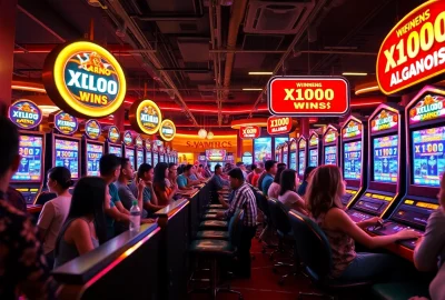 Exciting scene of players enjoying slot gacor machines in a modern casino environment, featuring vibrant lights and jackpots.