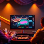 Witnessing đá gà trực tiếp action in a luxurious casino setup, featuring online gambling elements.