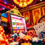 Excited players explore link slot pulsa options at an upscale casino slot machine.