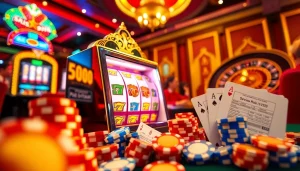 Excited players explore link slot pulsa options at an upscale casino slot machine.