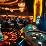 Adegan perjudian dengan pemain yang terlibat dalam permainan situs gacor di kasino mewah.