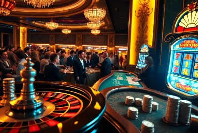 Adegan perjudian dengan pemain yang terlibat dalam permainan situs gacor di kasino mewah.